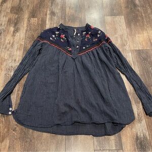 Free People Embroidered Navy Blue Women's Top